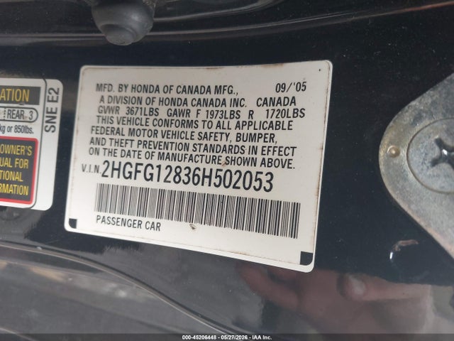 Aukcja sprzedaży 2006 Honda Civic Ex, vin: 2HGFG12836H502053, numer aukcji: 45206448