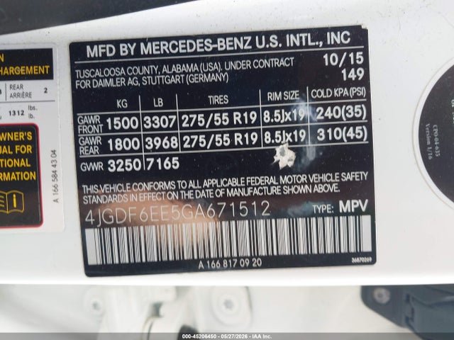 4JGDF6EE5GA671512 Mercedes-Benz Gl 450 4matic