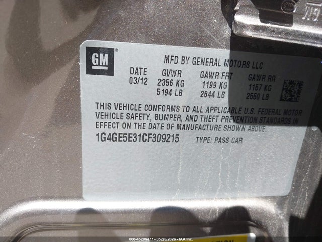 Aukcja sprzedaży 2012 Buick Lacrosse Premium 1 Group, vin: 1G4GE5E31CF309215, numer aukcji: 45206477