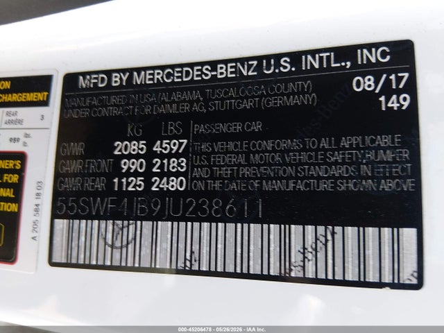 Aukcja sprzedaży 2018 Mercedes-benz C 300, vin: 55SWF4JB9JU238611, numer aukcji: 45206478