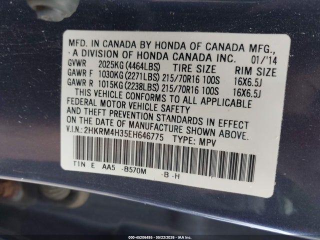 Продаж на аукціоні авто 2014 Honda Cr-v Lx, vin: 2HKRM4H35EH646775, номер лоту: 45206495