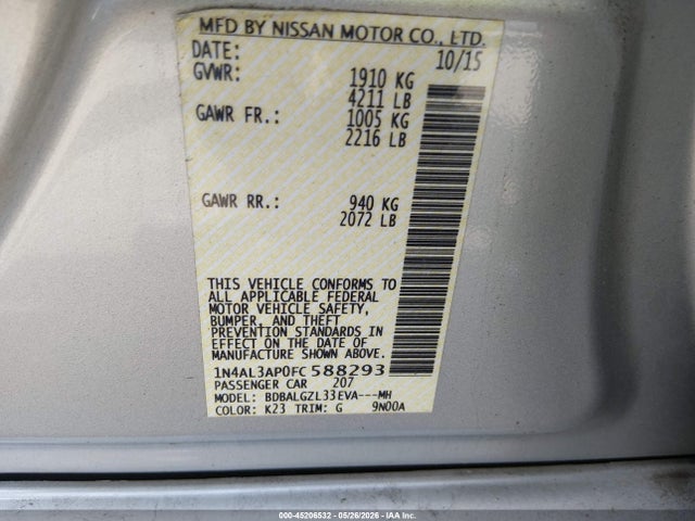 45206532 :رقم المزاد ، 1N4AL3AP0FC588293 vin ، 2015 Nissan Altima 2.5 S مزاد بيع