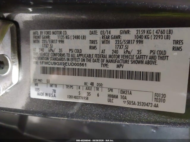 45206546 :رقم المزاد ، 1FMCU9GX9EUD00561 vin ، 2014 Ford Escape Se مزاد بيع