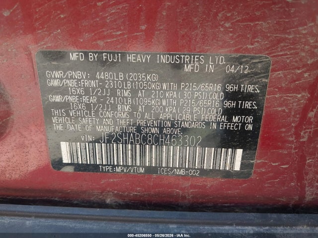 Aukcja sprzedaży 2012 Subaru Forester 2.5x, vin: JF2SHABC8CH463302, numer aukcji: 45206550