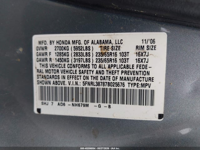 Aukcja sprzedaży 2007 Honda Odyssey Ex-l, vin: 5FNRL38787B025676, numer aukcji: 45206554