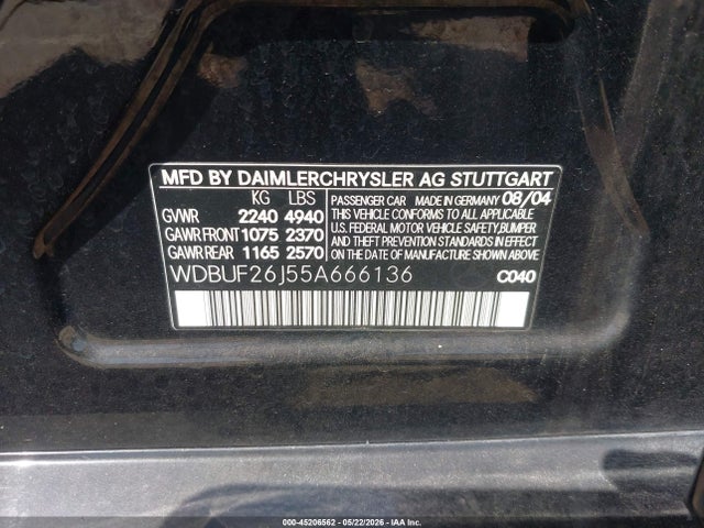 Auction sale of the 2005 Mercedes-benz E 320 Cdi, vin: WDBUF26J55A666136, lot number: 45206562