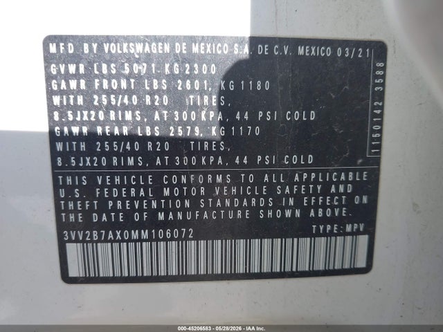 Aukcja sprzedaży 2021 Volkswagen Tiguan 2.0t Se/2.0t Se R-line Black/2.0t Sel, vin: 3VV2B7AX0MM106072, numer aukcji: 45206583