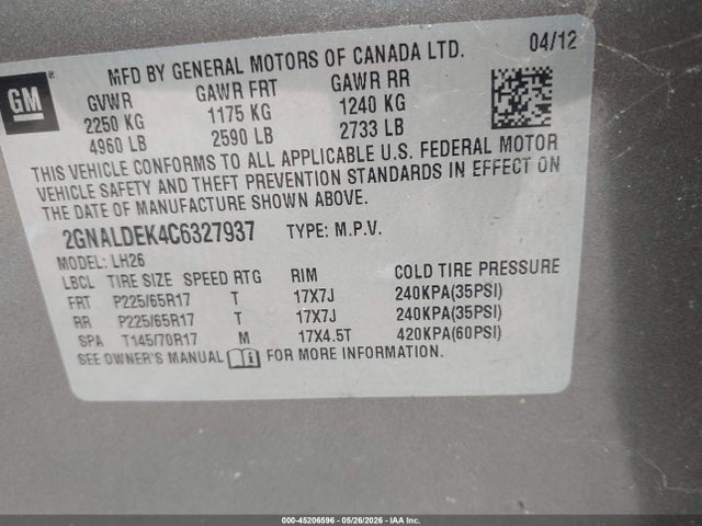 Aukcja sprzedaży 2012 Chevrolet Equinox 1lt, vin: 2GNALDEK4C6327937, numer aukcji: 45206596