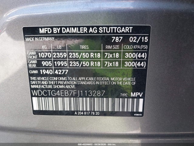 Aukcja sprzedaży 2015 Mercedes-benz Gla 250, vin: WDCTG4EB7FJ113287, numer aukcji: 45206602