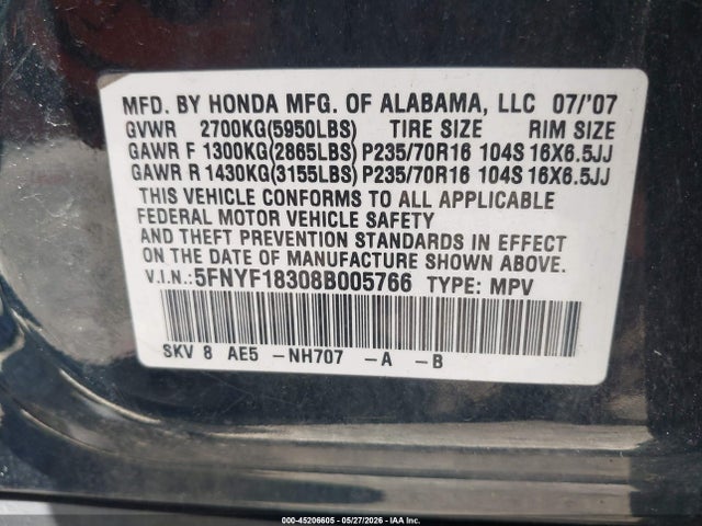 Auction sale of the 2008 Honda Pilot Se, vin: 5FNYF18308B005766, lot number: 45206605