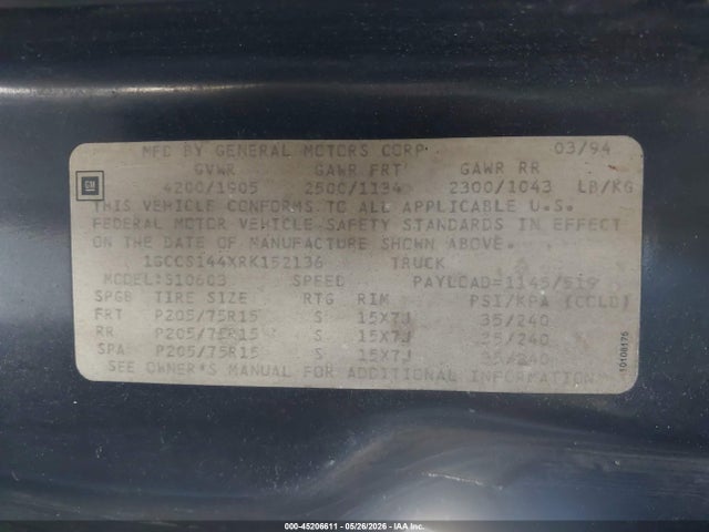 Продажа на аукционе авто 1994 Chevrolet S Truck S10, vin: 1GCCS144XRK152136, номер лота: 45206611