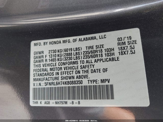5FNRL6H74KB088350 Honda Odyssey Ex-l