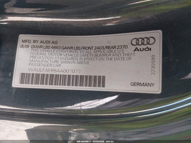 2010 Audi A5 2.0t Premium მანქანა იყიდება აუქციონზე, vin: WAULFAFR5AA001077, აუქციონის ნომერი: 45206617