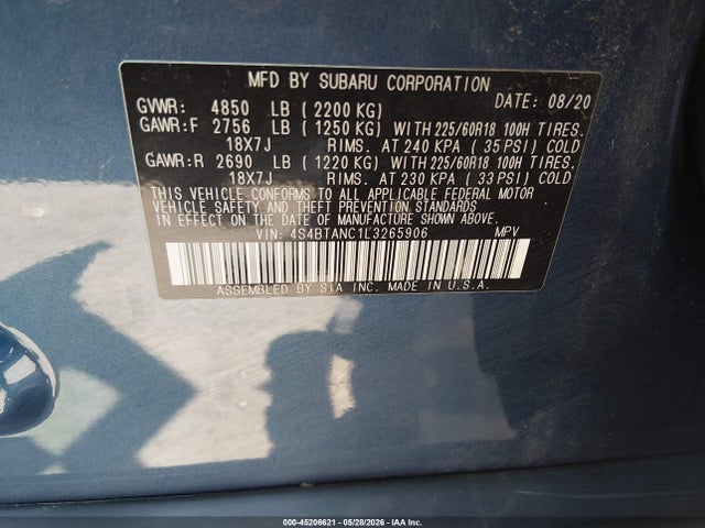 Aukcja sprzedaży 2020 Subaru Outback Limited, vin: 4S4BTANC1L3265906, numer aukcji: 45206621