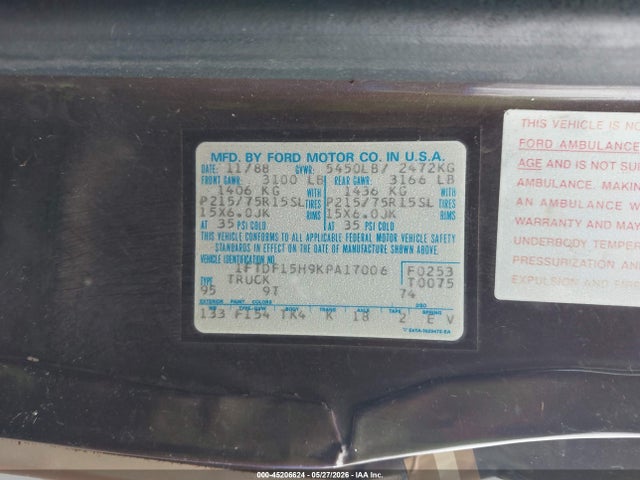 Auction sale of the 1989 Ford F150, vin: 1FTDF15H9KPA17006, lot number: 45206624