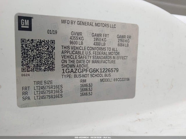 Aukcja sprzedaży 2019 Chevrolet Express 3500 Lt, vin: 1GAZGPFG6K1226579, numer aukcji: 45206634