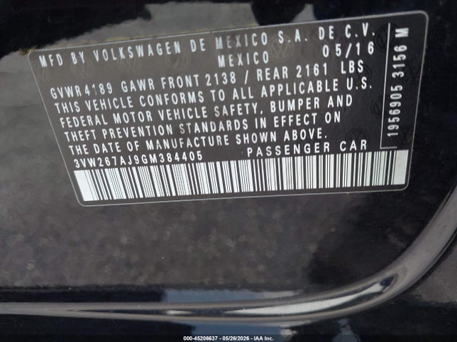 45206637 :رقم المزاد ، 3VW267AJ9GM384405 vin ، 2016 Volkswagen Jetta 1.4t S مزاد بيع
