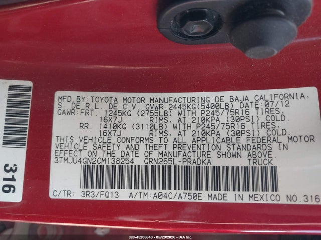Продаж на аукціоні авто 2012 Toyota Tacoma Prerunner V6, vin: 3TMJU4GN2CM138254, номер лоту: 45206643