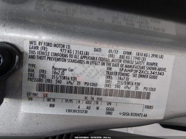 45206645 :رقم المزاد ، 1FAHP3F2XCL341343 vin ، 2012 Ford Focus Se مزاد بيع