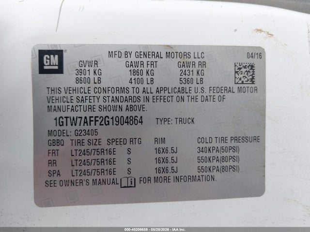 Aukcja sprzedaży 2016 Gmc Savana 2500 Work Van, vin: 1GTW7AFF2G1904864, numer aukcji: 45206659
