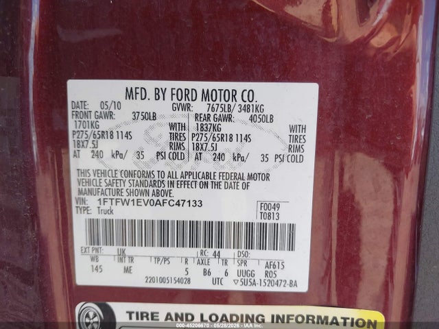 2010 Ford F-150 Fx4/harley-davidson/king Ranch/lariat/platinum/xl/xlt მანქანა იყიდება აუქციონზე, vin: 1FTFW1EV0AFC47133, აუქციონის ნომერი: 45206670