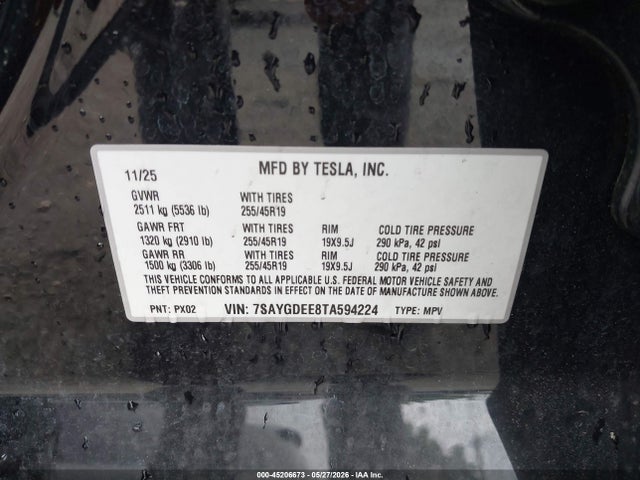 Aukcja sprzedaży 2026 Tesla Model Y All-wheel Drive/long Range Launch Series/premium All-wheel Drive, vin: 7SAYGDEE8TA594224, numer aukcji: 45206673