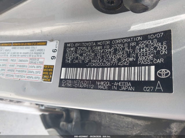 Aukcja sprzedaży 2008 Toyota Prius Touring, vin: JTDKB20U387714242, numer aukcji: 45206687