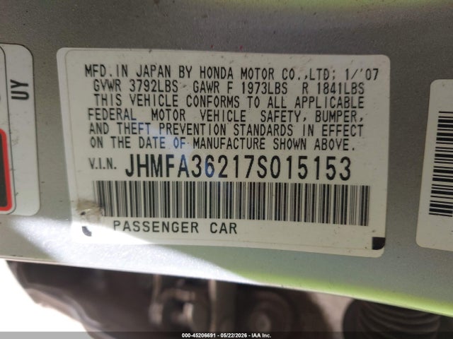 Продажа на аукционе авто 2007 Honda Civic Hybrid, vin: JHMFA36217S015153, номер лота: 45206691