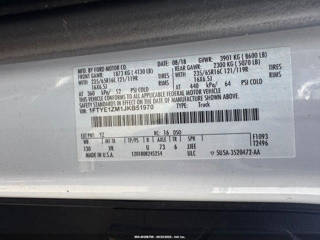 Auction sale of the 2018 Ford Transit-150, vin: 1FTYE1ZM1JKB51970, lot number: 45206700