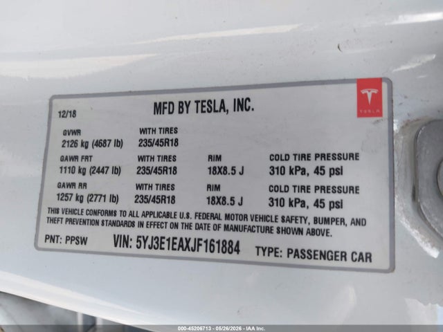 Tesla Model 3 Long Range/mid Range 2018 5YJ3E1EAXJF161884 Image 9