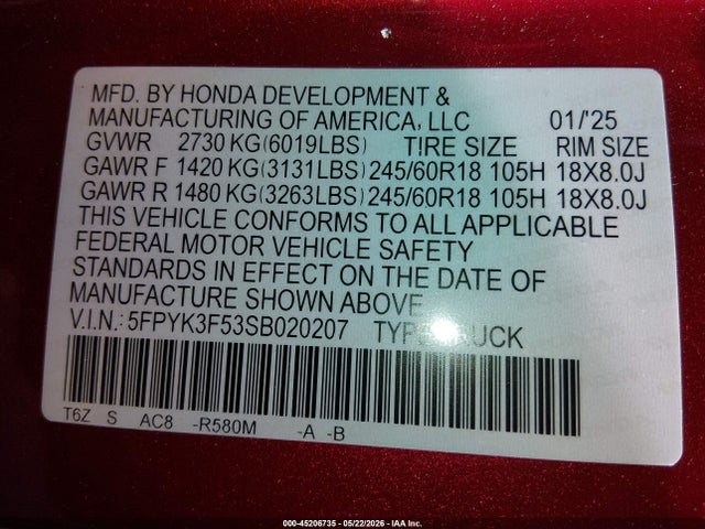 5FPYK3F53SB020207 Honda Ridgeline Rtl