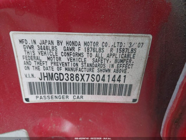 Aukcja sprzedaży 2007 Honda Fit Sport, vin: JHMGD386X7S041441, numer aukcji: 45206745