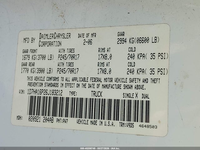 Aukcja sprzedaży 2006 Dodge Ram 1500 Slt, vin: 1D7HA16P26J183212, numer aukcji: 45206749