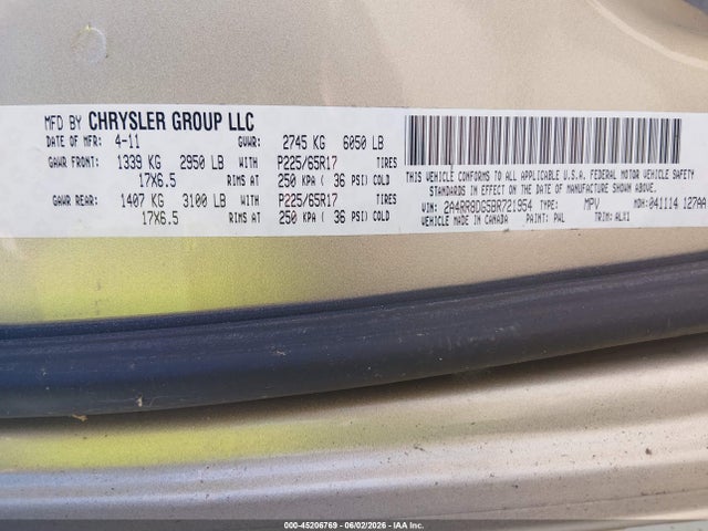 2011 Chrysler Town & Country Touring-l მანქანა იყიდება აუქციონზე, vin: 2A4RR8DG5BR721954, აუქციონის ნომერი: 45206769