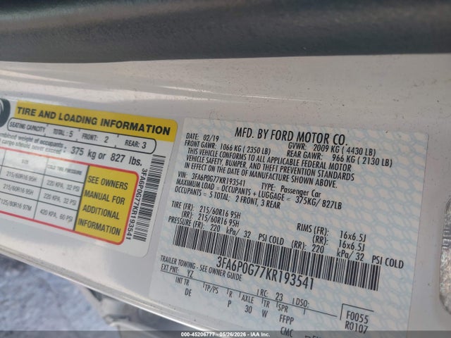 Продажа на аукционе авто 2019 Ford Fusion S, vin: 3FA6P0G77KR193541, номер лота: 45206777