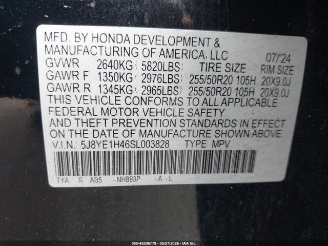 45206779 :رقم المزاد ، 5J8YE1H46SL003828 vin ، 2025 Acura Mdx Technology Package مزاد بيع