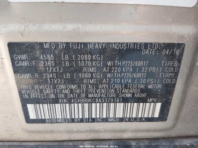 2010 Subaru Outback 2.5i Limited მანქანა იყიდება აუქციონზე, vin: 4S4BRBKC8A3379181, აუქციონის ნომერი: 45206793