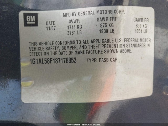Aukcja sprzedaży 2008 Chevrolet Cobalt Lt, vin: 1G1AL58F187178853, numer aukcji: 45206816