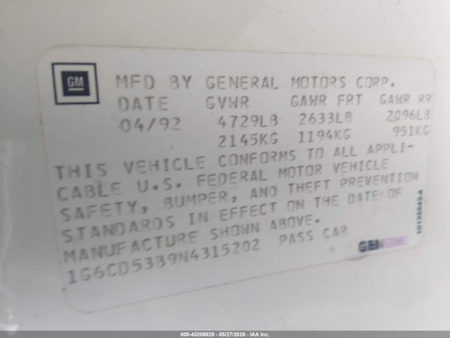 Продажа на аукционе авто 1992 Cadillac Deville, vin: 1G6CD53B9N4315202, номер лота: 45206828