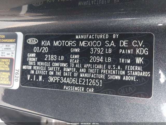 45206843 :رقم المزاد ، 3KPF34AD6LE212651 vin ، 2020 Kia Forte Gt-line مزاد بيع
