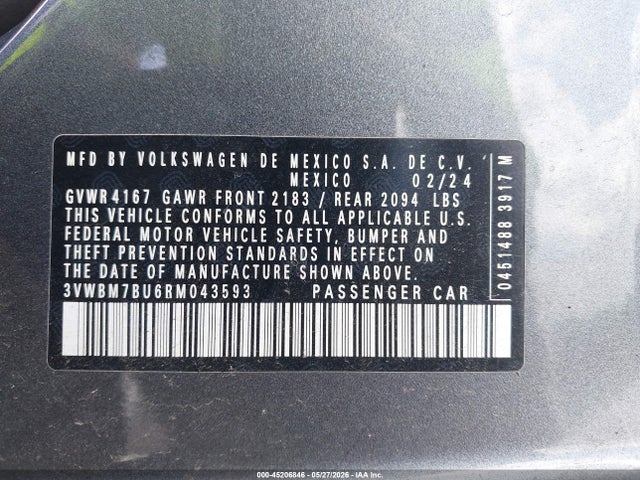 2024 Volkswagen Jetta 1.5t Sport მანქანა იყიდება აუქციონზე, vin: 3VWBM7BU6RM043593, აუქციონის ნომერი: 45206846