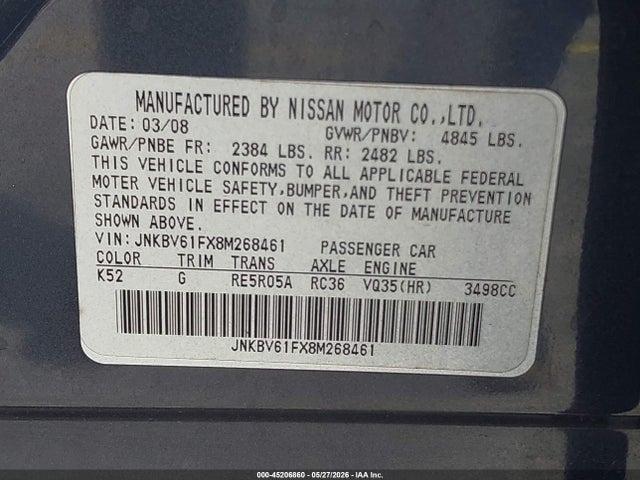 Продажа на аукционе авто 2008 Infiniti G35x, vin: JNKBV61FX8M268461, номер лота: 45206860
