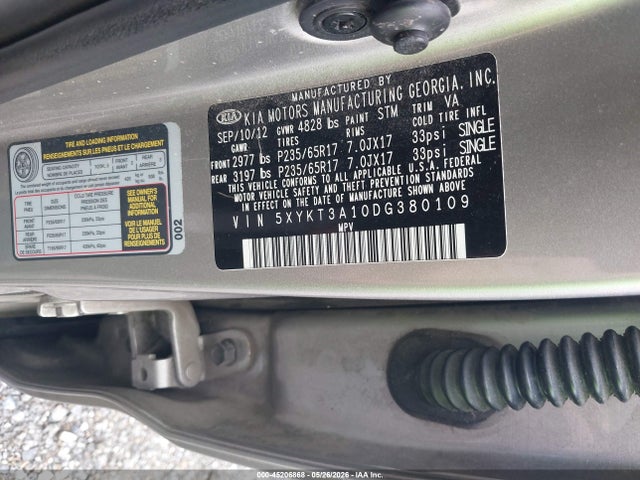2013 Kia Sorento Lx მანქანა იყიდება აუქციონზე, vin: 5XYKT3A10DG380109, აუქციონის ნომერი: 45206868