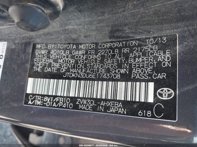 Продаж на аукціоні авто 2014 Toyota Prius Two, vin: JTDKN3DU6E1743708, номер лоту: 45206877