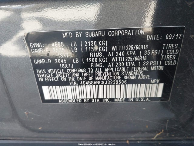 2018 Subaru Outback 2.5i Limited მანქანა იყიდება აუქციონზე, vin: 4S4BSANC9J3239506, აუქციონის ნომერი: 45206884