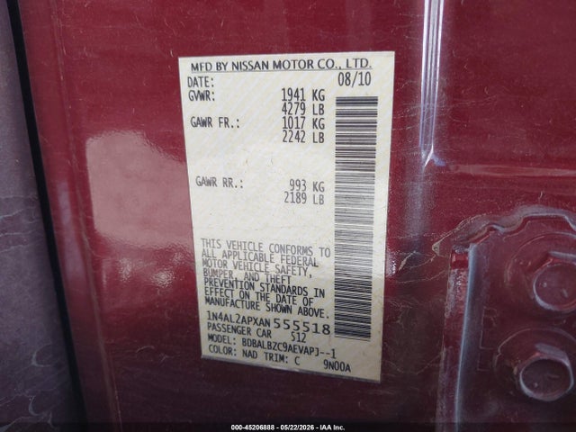 Продаж на аукціоні авто 2010 Nissan Altima 2.5 S, vin: 1N4AL2APXAN555518, номер лоту: 45206888