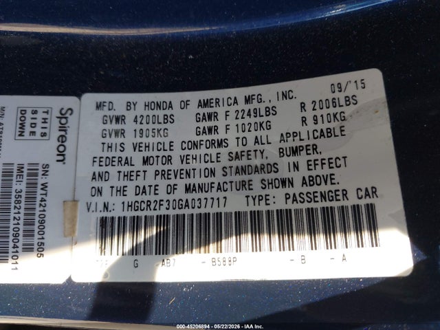 Honda ACCORD LX 2016 1HGCR2F30GA037717 Image 9