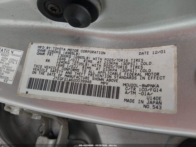 Aukcja sprzedaży 2002 Toyota Highlander V6, vin: JTEGF21A620039948, numer aukcji: 45206899