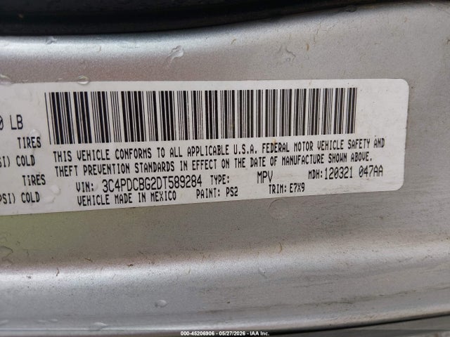 2013 Dodge Journey Sxt მანქანა იყიდება აუქციონზე, vin: 3C4PDCBG2DT589284, აუქციონის ნომერი: 45206906