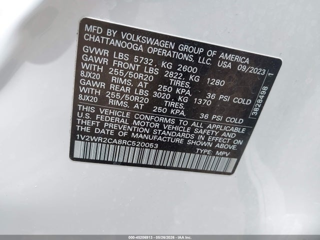 45206913 :رقم المزاد ، 1V2WR2CA8RC520053 vin ، 2024 Volkswagen Atlas 2.0t Se W/technology مزاد بيع